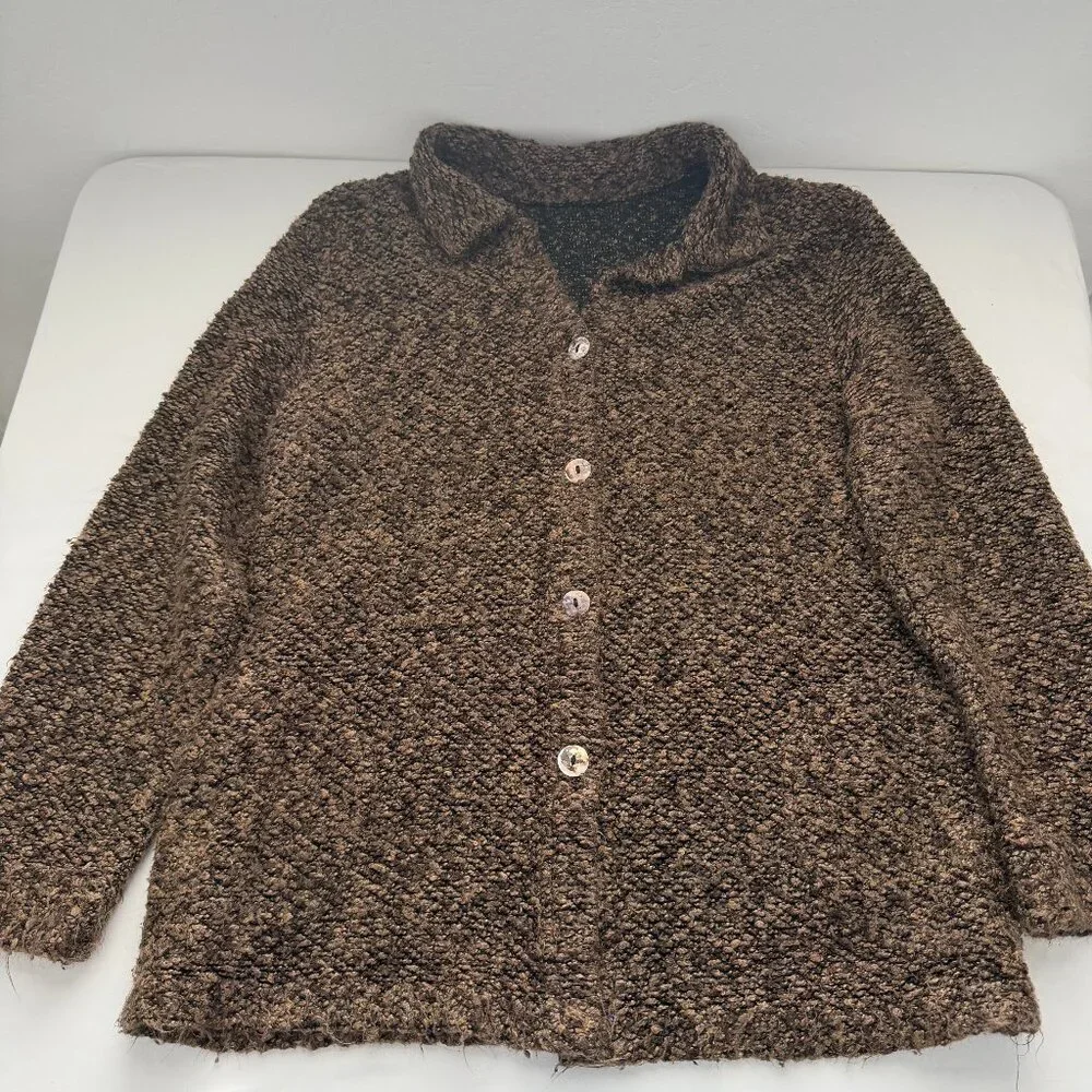 Vintage Style Brown Textured Knit Cardigan Womens Cozy Button Front Sweater